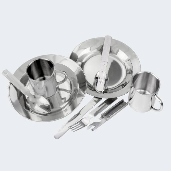 Stainless Steel Dish Set - Cutlery, Plate, Thermal Cup - Set of 2