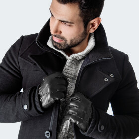Mens Leather Gloves cashmere - black - 7/S