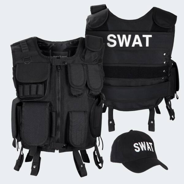 Agenten Kostüm - Einsatzweste und Baseball Cap SWAT - Schwarz XL/XXL