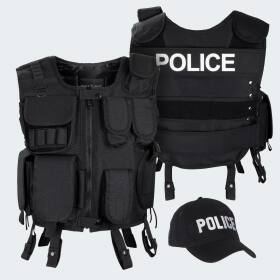 Agenten Kostüm - Einsatzweste und Baseball Cap POLICE - Schwarz