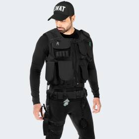 Kostüm - Einsatzweste, Pistolenholster, Handschellen und Baseball Cap SWAT - Schwarz