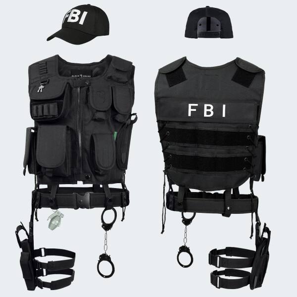 Kostüm - Einsatzweste, Pistolenholster, Handschellen und Baseball Cap FBI - Schwarz