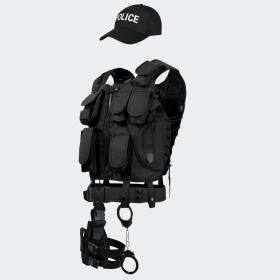 Kostüm - Einsatzweste, Pistolenholster, Handschellen und Baseball Cap POLICE - Schwarz XS/S