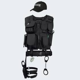 Kostüm - Einsatzweste, Pistolenholster, Handschellen und Baseball Cap POLICE - Schwarz M/L