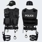 Kostüm - Einsatzweste, Pistolenholster, Handschellen und Baseball Cap POLICE - Schwarz M/L