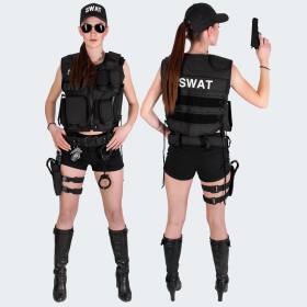 Damen Kostüm - Einsatzweste, Beinholster, Cap, Zubehör SWAT - Schwarz XL/XXL