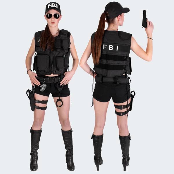 Damen Kostüm - Einsatzweste, Beinholster, Cap, Zubehör FBI - Schwarz