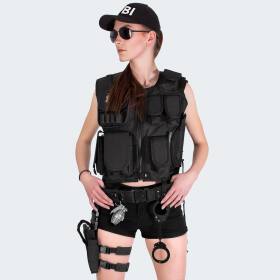 Ladies Costume - Vest with Patch, Holster and Cap FBI - black