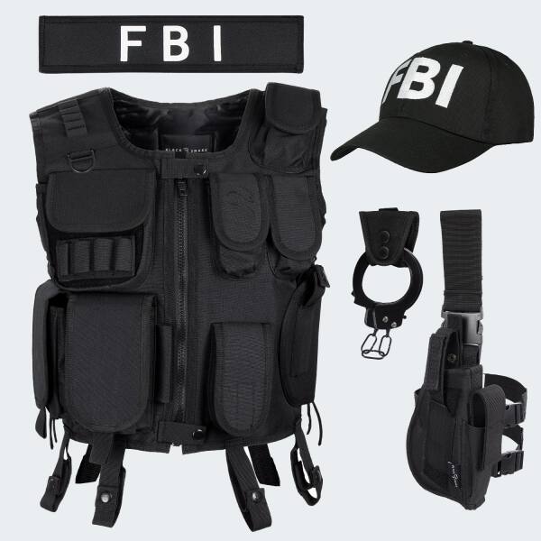 Kostüm - Einsatzweste, Cap, Beinholster, Handschellen inkl. Halter FBI - Schwarz M/L
