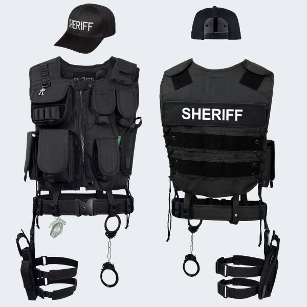 Kostüm - Einsatzweste, Pistolenholster, Handschellen und Baseball Cap SHERIFF - Schwarz