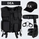 Kostüm - Einsatzweste, Pistolenholster, Handschellen und Baseball Cap DEA - Schwarz